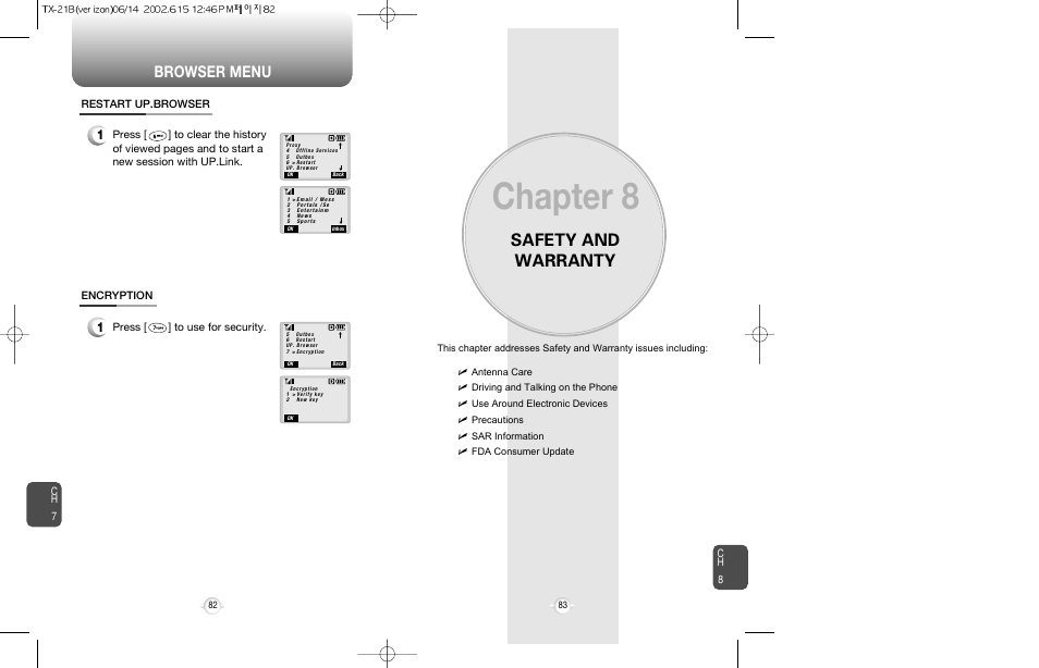 Chapter 8, Safety and warranty, Browser menu | Ch 7 c h 8, Press [ ] to use for security. encryption | Audiovox CDM-8200 User Manual | Page 43 / 51