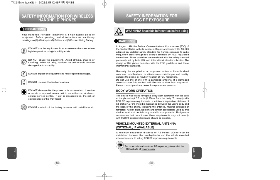 Safety information for wireless handheld phones, Safety information for fcc rf exposure | Audiovox CDM-8200 User Manual | Page 46 / 51