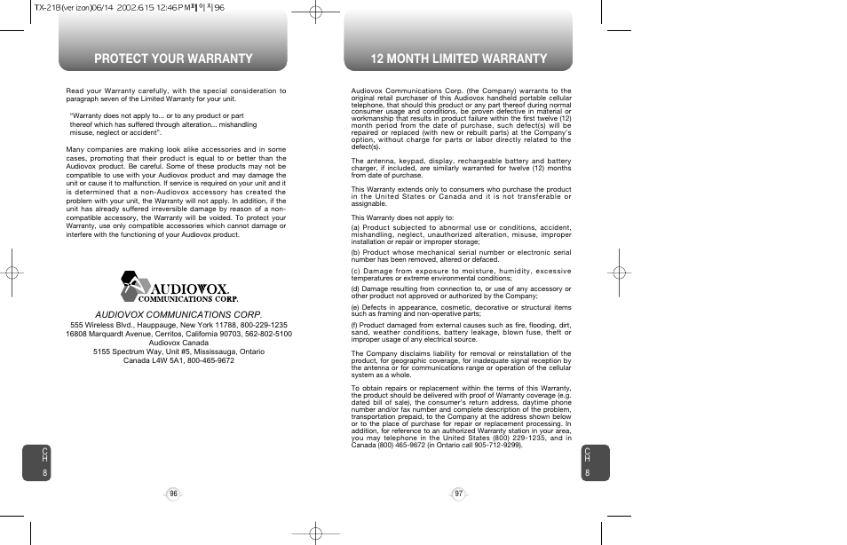 Protect your warranty 12 month limited warranty | Audiovox CDM-8200 User Manual | Page 50 / 51