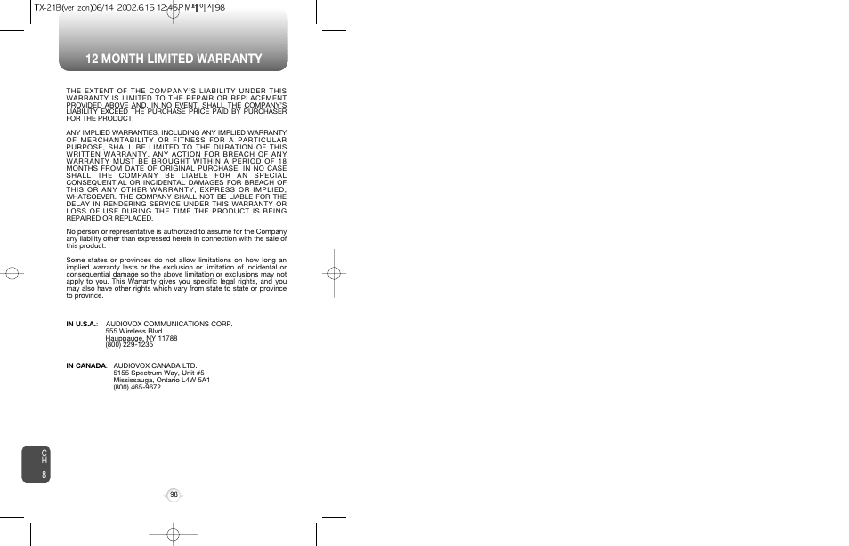 12 month limited warranty | Audiovox CDM-8200 User Manual | Page 51 / 51