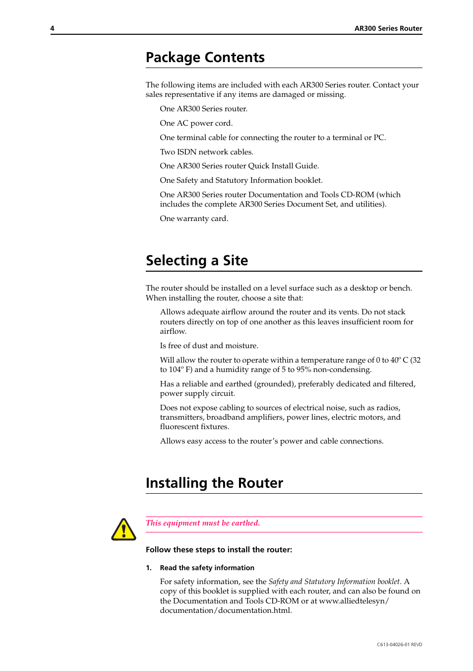 Package contents, Selecting a site, Installing the router | Allied Telesis AR300 SERIES ROUTER User Manual | Page 4 / 9