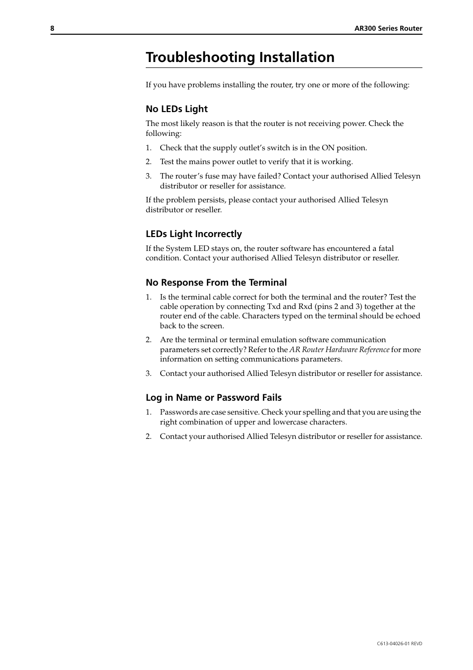 Troubleshooting installation | Allied Telesis AR300 SERIES ROUTER User Manual | Page 8 / 9