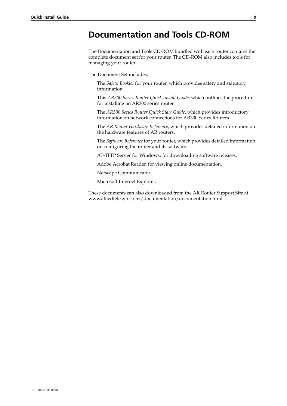 Documentation and tools cd-rom | Allied Telesis AR300 SERIES ROUTER User Manual | Page 9 / 9