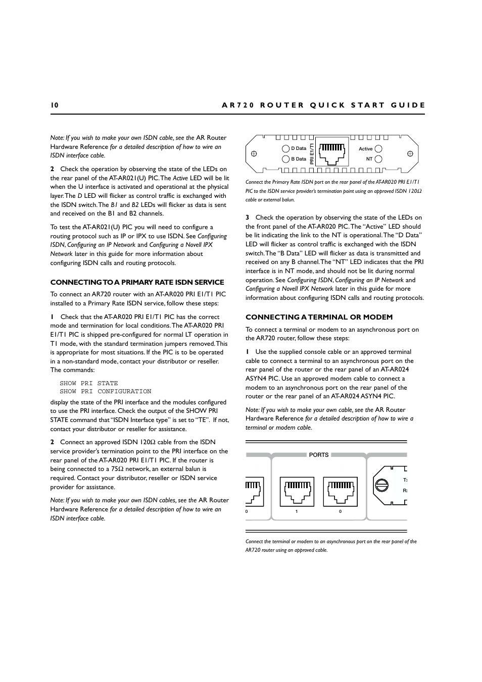 Connecting to a primary rate isdn service, Connecting a terminal or modem | Allied Telesis AR720 ROUTER User Manual | Page 10 / 23
