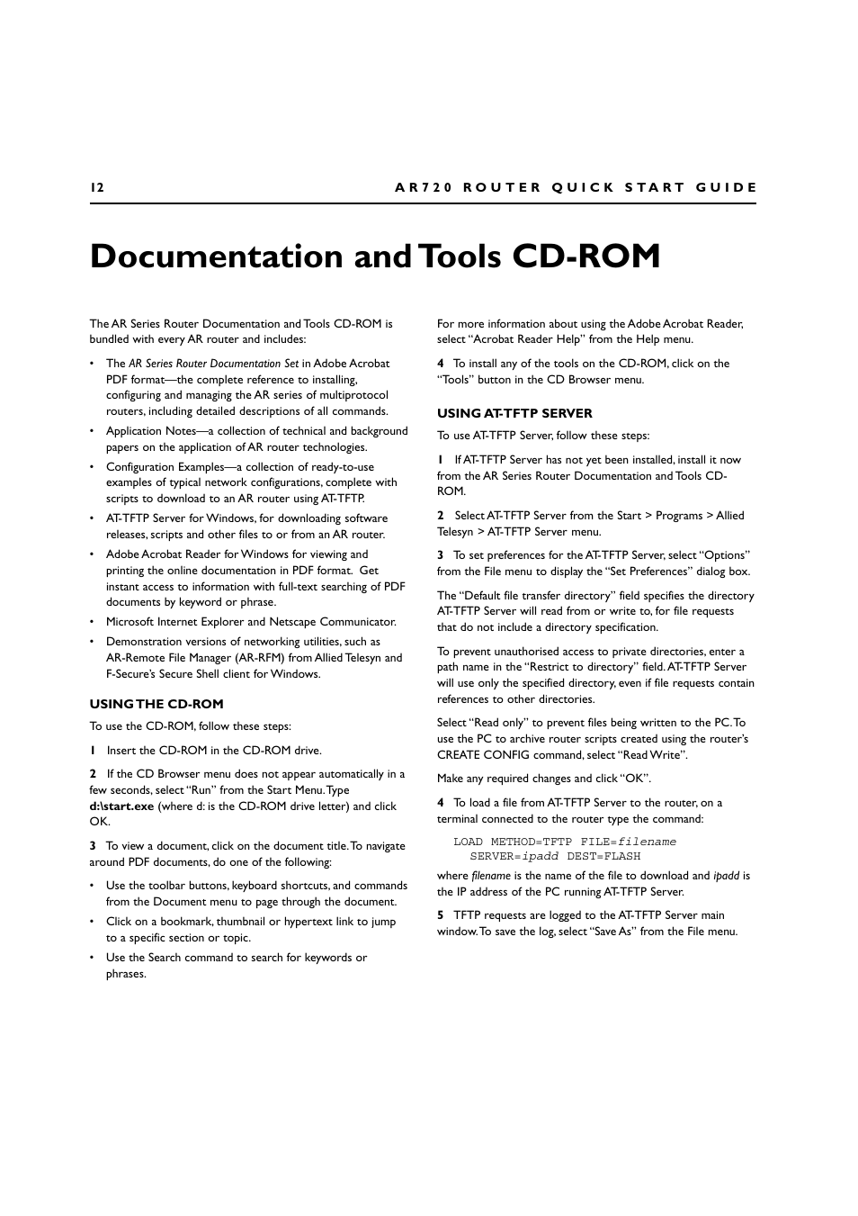 Documentation and tools cd-rom, Using the cd-rom, Using at-tftp server | Allied Telesis AR720 ROUTER User Manual | Page 12 / 23