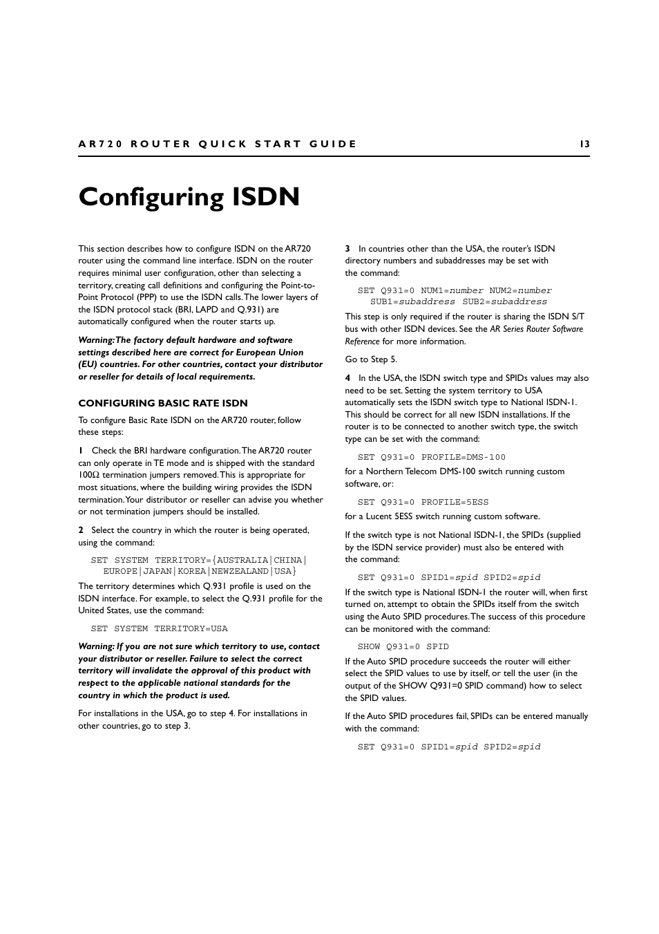 Configuring isdn, Configuring basic rate isdn | Allied Telesis AR720 ROUTER User Manual | Page 13 / 23