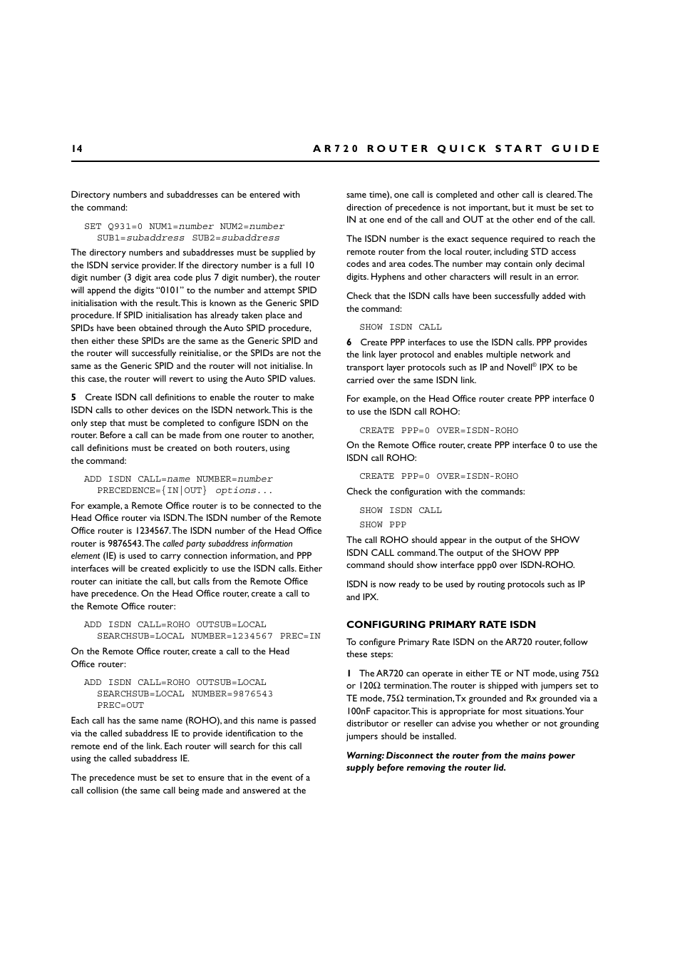 Configuring primary rate isdn | Allied Telesis AR720 ROUTER User Manual | Page 14 / 23