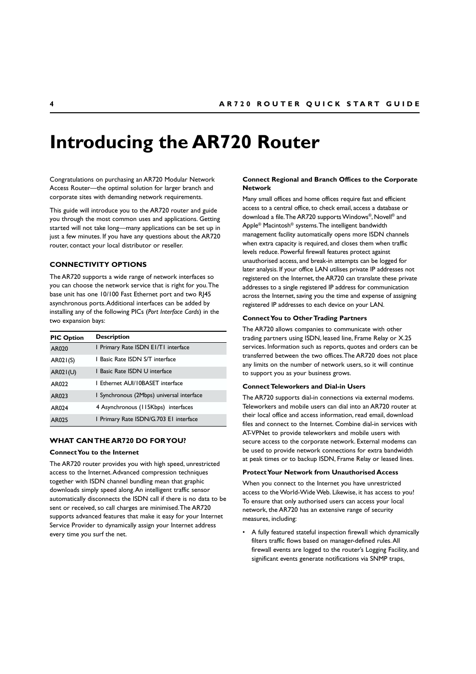 Introducing the ar720 router, Connectivity options, What can the ar720 do for you | Allied Telesis AR720 ROUTER User Manual | Page 4 / 23