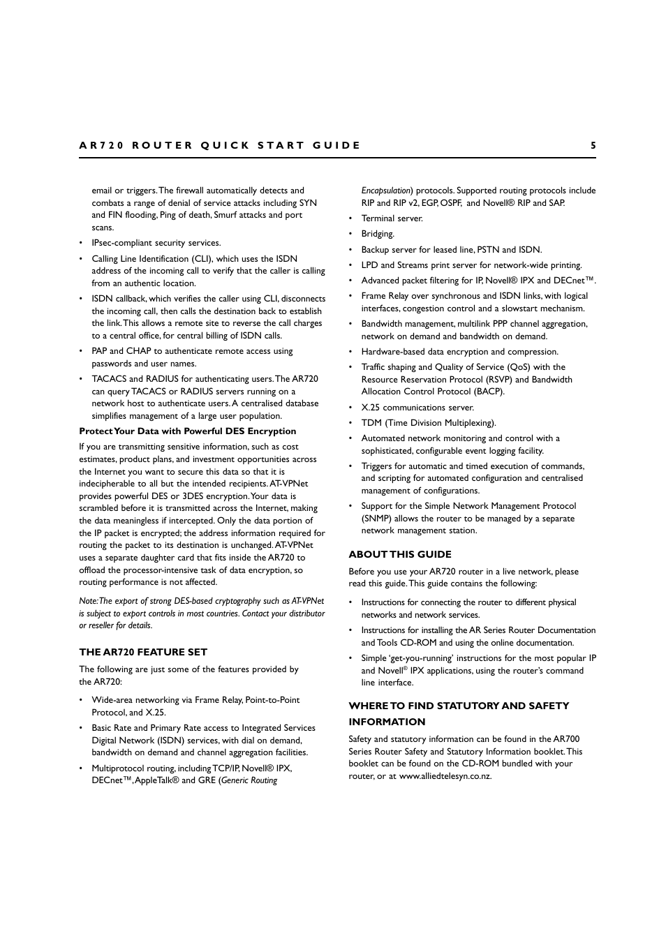 The ar720 feature set, About this guide, Where to find statutory and safety information | Allied Telesis AR720 ROUTER User Manual | Page 5 / 23