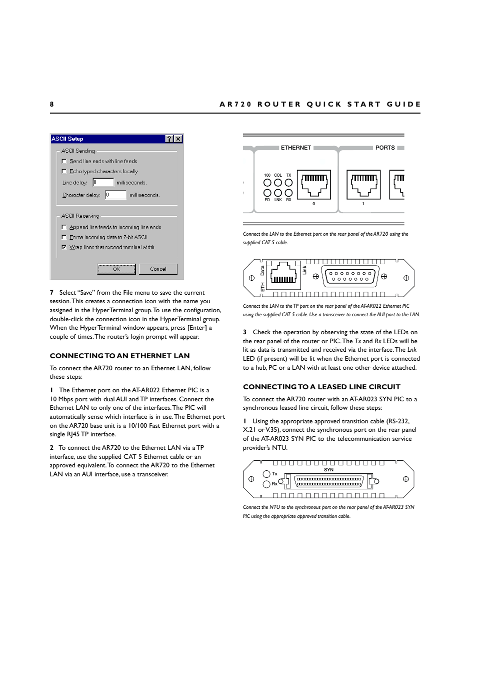 Connecting to an ethernet lan, Connecting to a leased line circuit | Allied Telesis AR720 ROUTER User Manual | Page 8 / 23