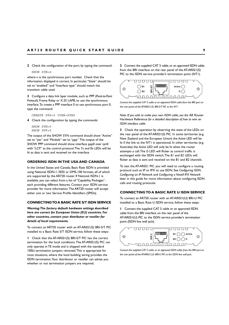 Ordering isdn in the usa and canada, Connecting to a basic rate s/t isdn service, Connecting to a basic rate u isdn service | Allied Telesis AR720 ROUTER User Manual | Page 9 / 23
