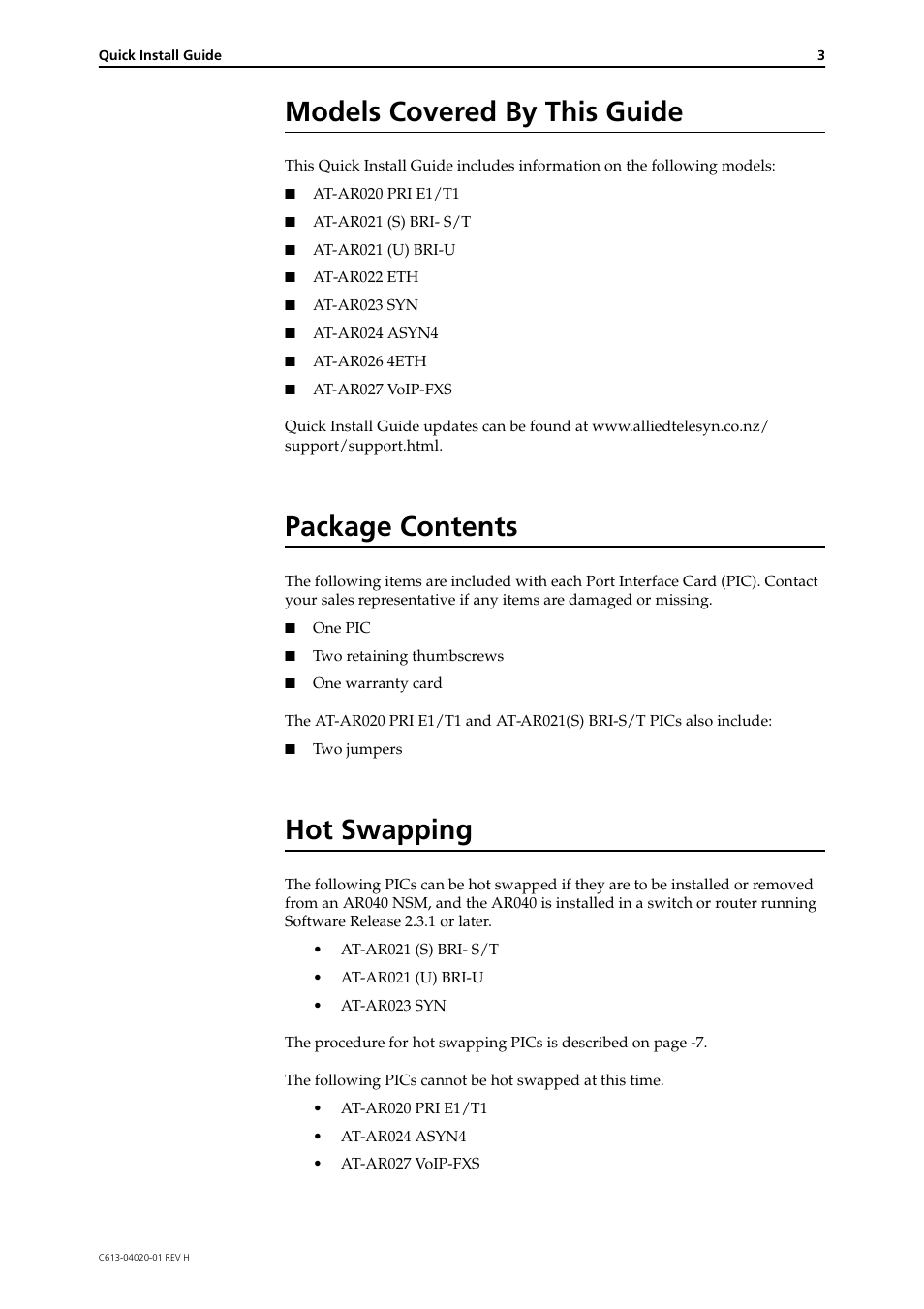 Models covered by this guide, Package contents, Hot swapping | Allied Telesis Port Interface Card User Manual | Page 3 / 10