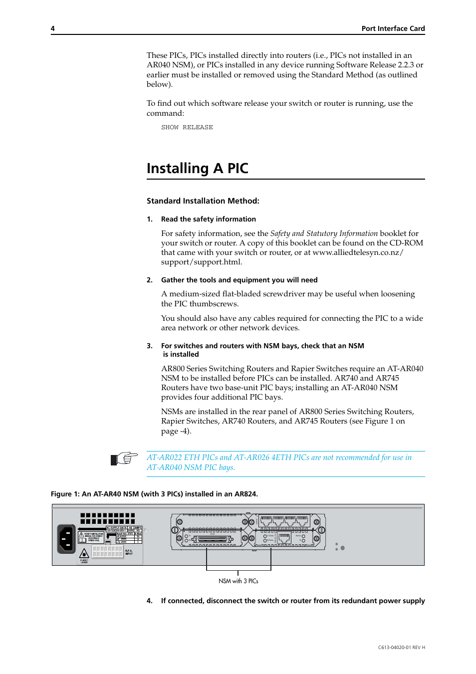Installing a pic, Standard installation method | Allied Telesis Port Interface Card User Manual | Page 4 / 10