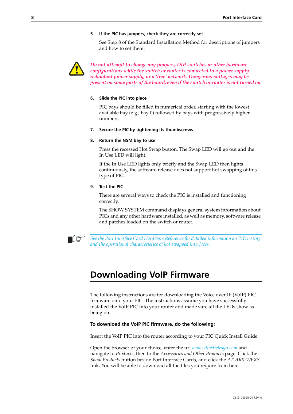Downloading voip firmware | Allied Telesis Port Interface Card User Manual | Page 8 / 10