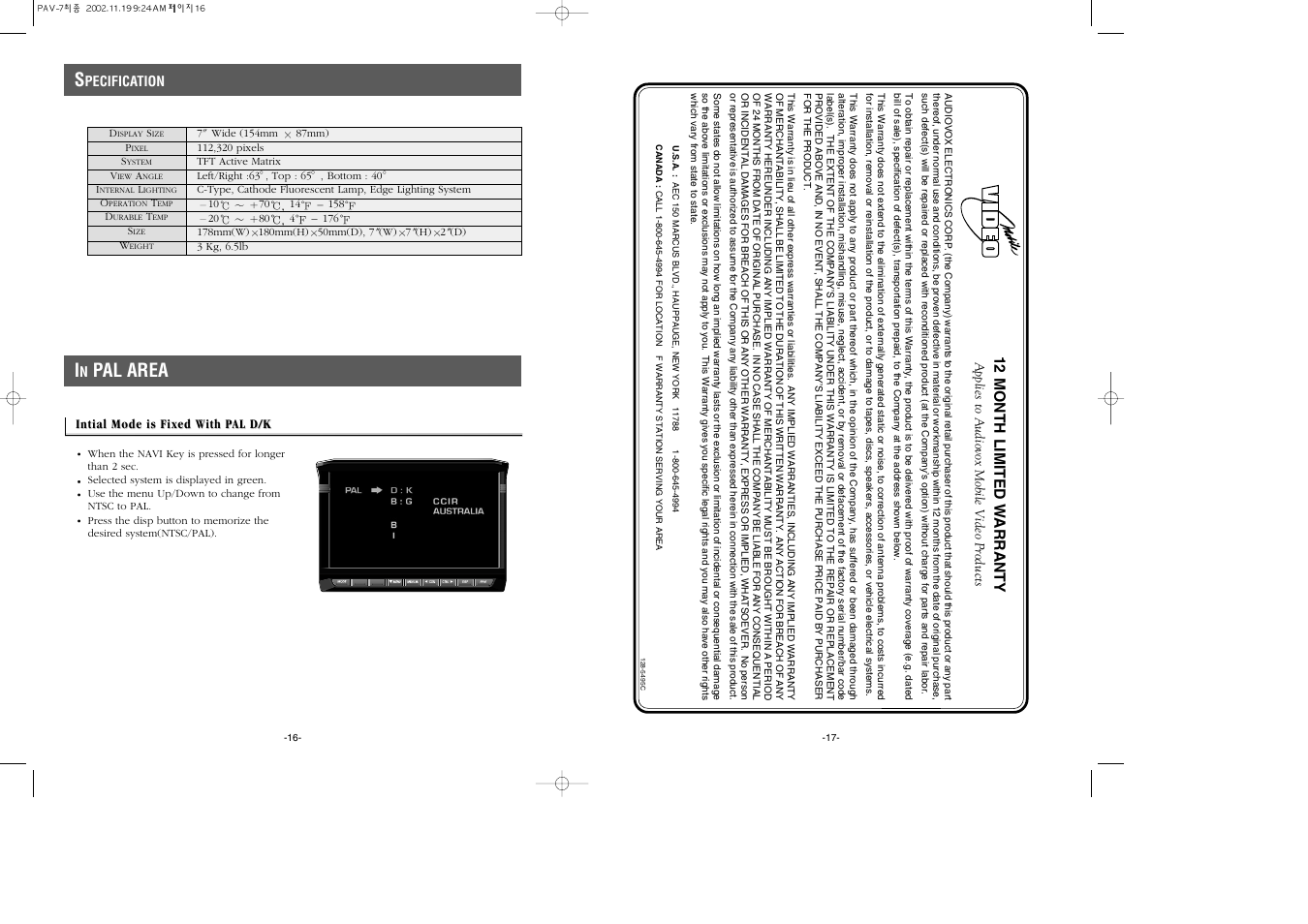 Pal area | Audiovox PAV-7 User Manual | Page 9 / 10