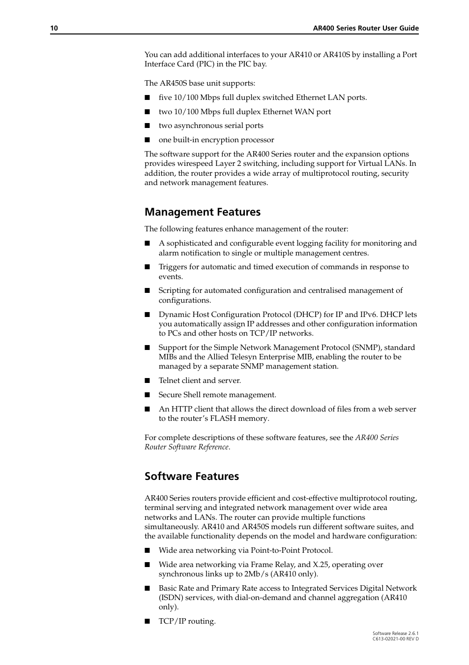 Management features software features, Management features, Software features | Allied Telesis AR400 Series Router User Manual | Page 10 / 131