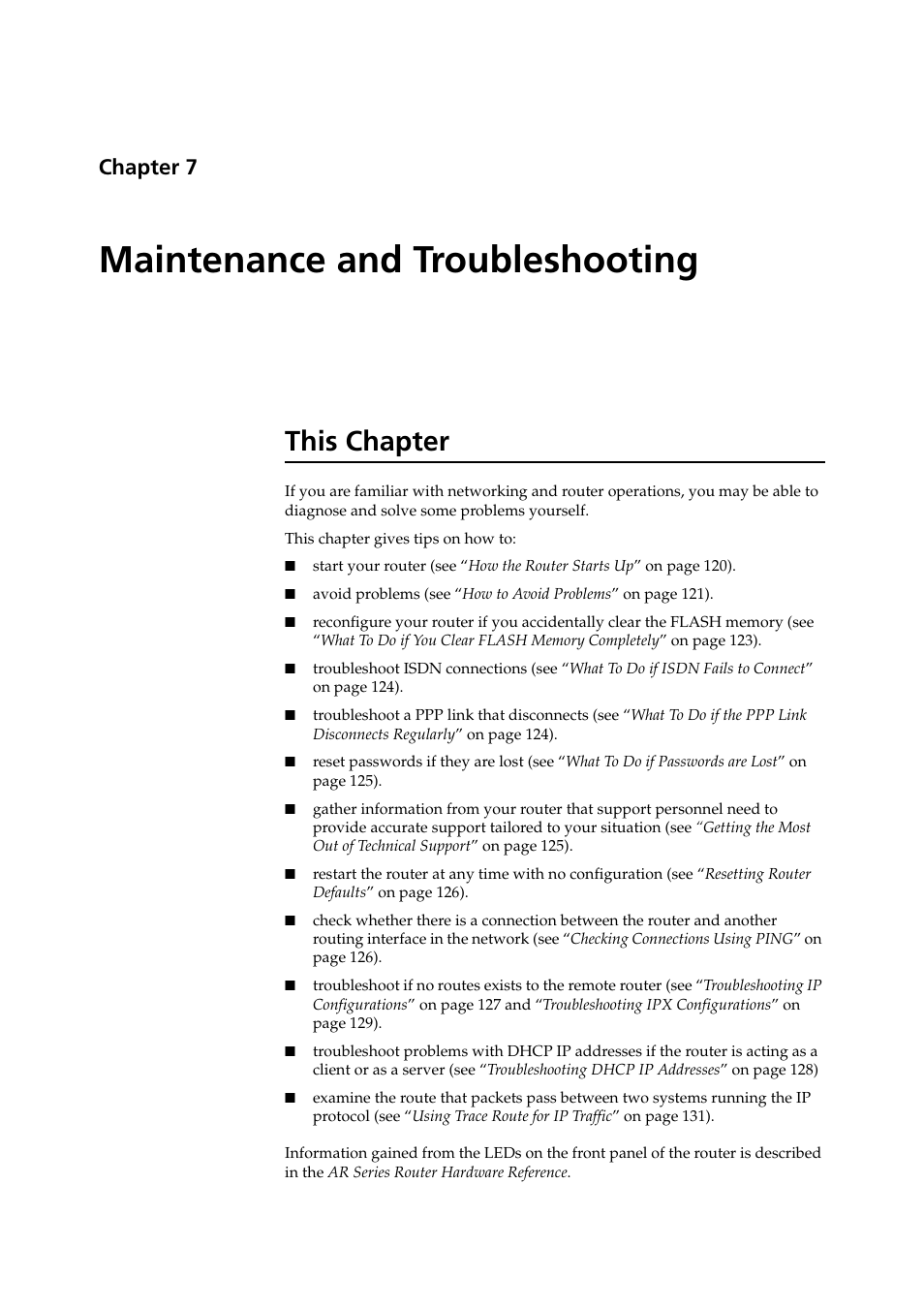 Maintenance and troubleshooting, This chapter, Chapter 7 | Chapter 7, maintenance and troubleshooting des | Allied Telesis AR400 Series Router User Manual | Page 119 / 131