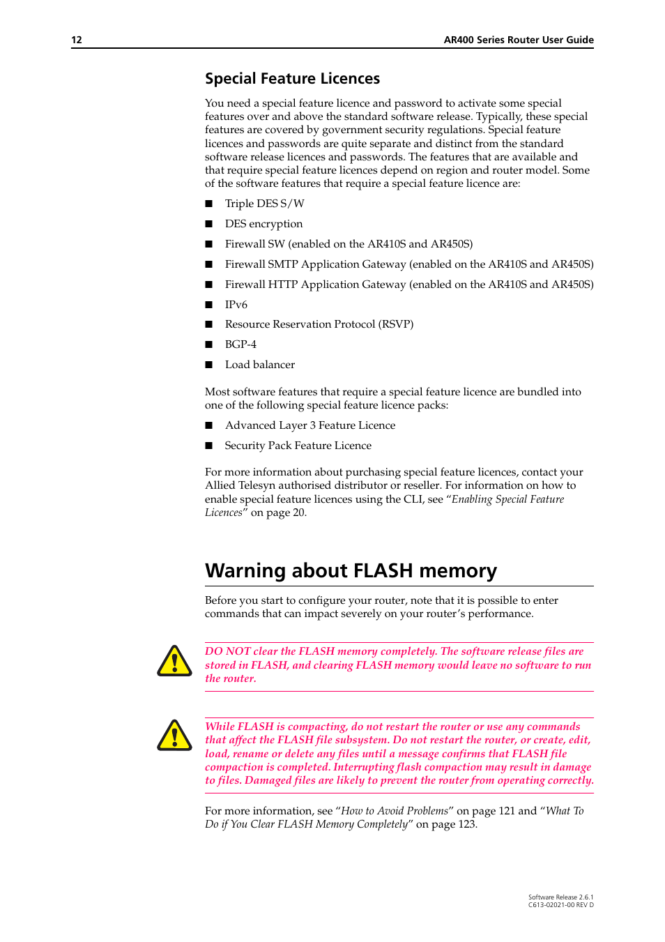 Warning about flash memory, Special feature licences | Allied Telesis AR400 Series Router User Manual | Page 12 / 131