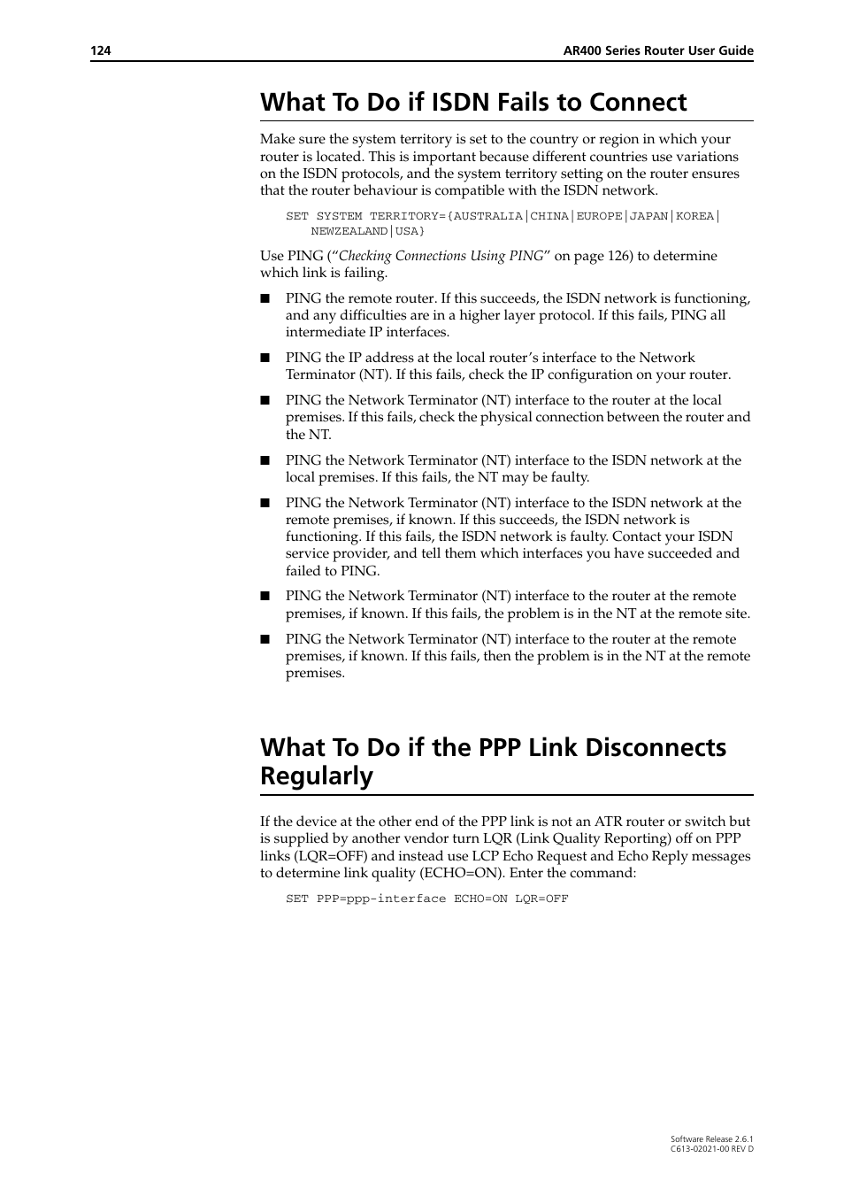 What to do if isdn fails to connect, What to do if the ppp link disconnects regularly | Allied Telesis AR400 Series Router User Manual | Page 124 / 131