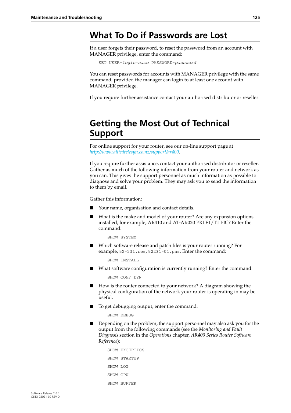 What to do if passwords are lost, Getting the most out of technical support | Allied Telesis AR400 Series Router User Manual | Page 125 / 131