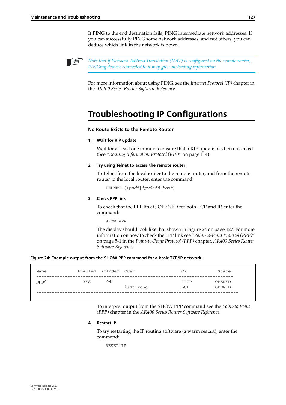 Troubleshooting ip configurations | Allied Telesis AR400 Series Router User Manual | Page 127 / 131