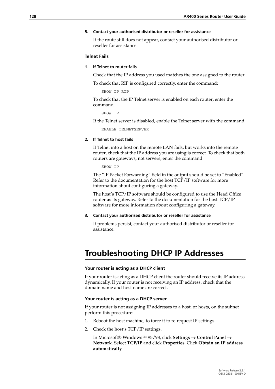 Troubleshooting dhcp ip addresses | Allied Telesis AR400 Series Router User Manual | Page 128 / 131