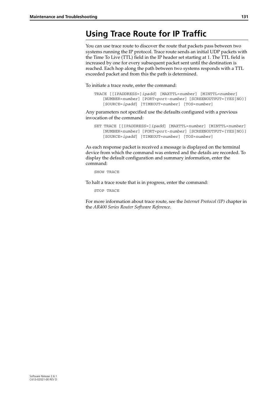 Using trace route for ip traffic | Allied Telesis AR400 Series Router User Manual | Page 131 / 131