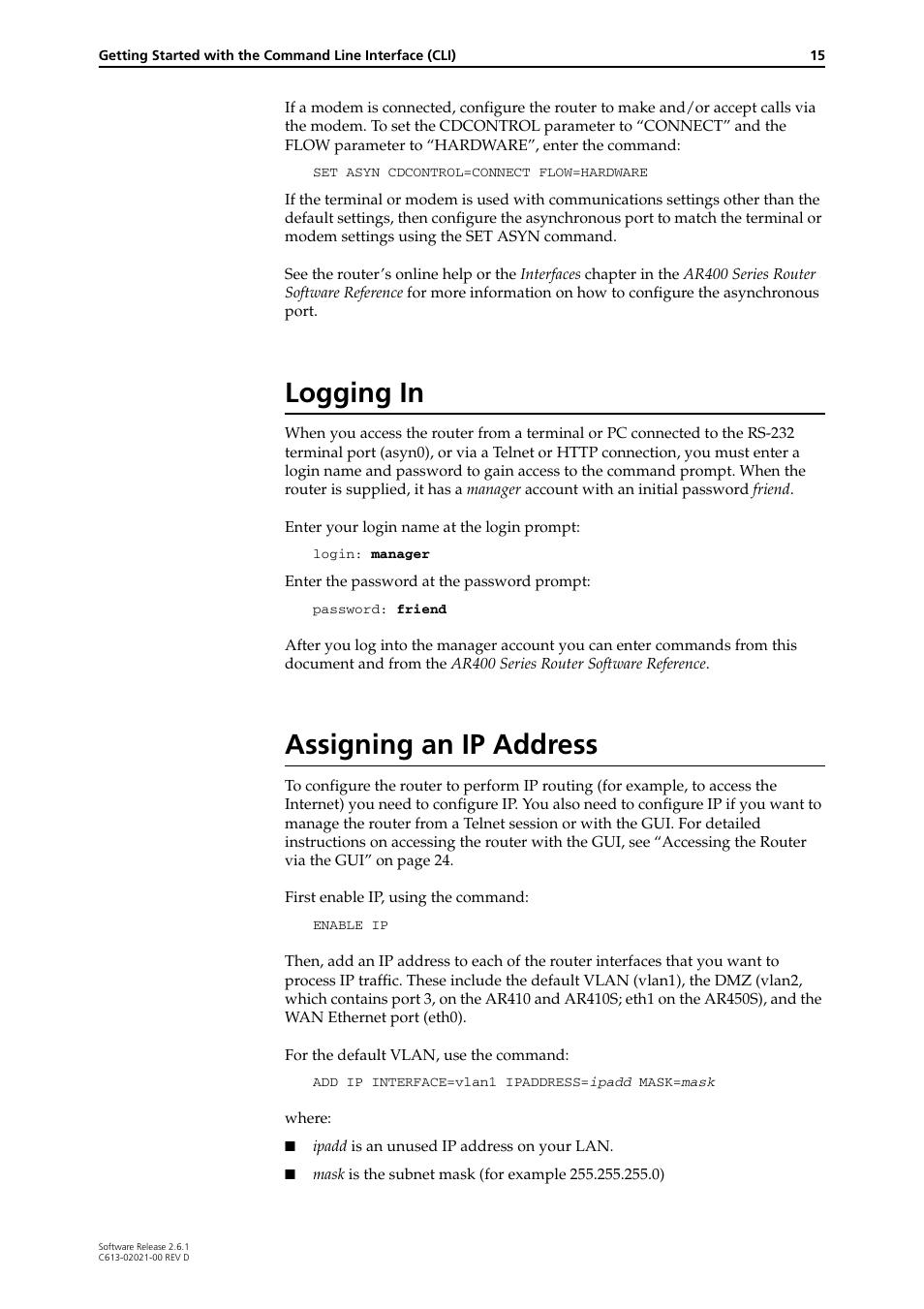 Logging in, Assigning an ip address, Logging in assigning an ip address | Allied Telesis AR400 Series Router User Manual | Page 15 / 131