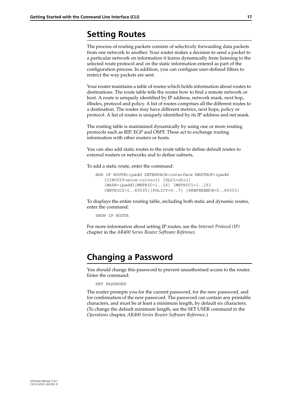Setting routes, Changing a password, Setting routes changing a password | Allied Telesis AR400 Series Router User Manual | Page 17 / 131