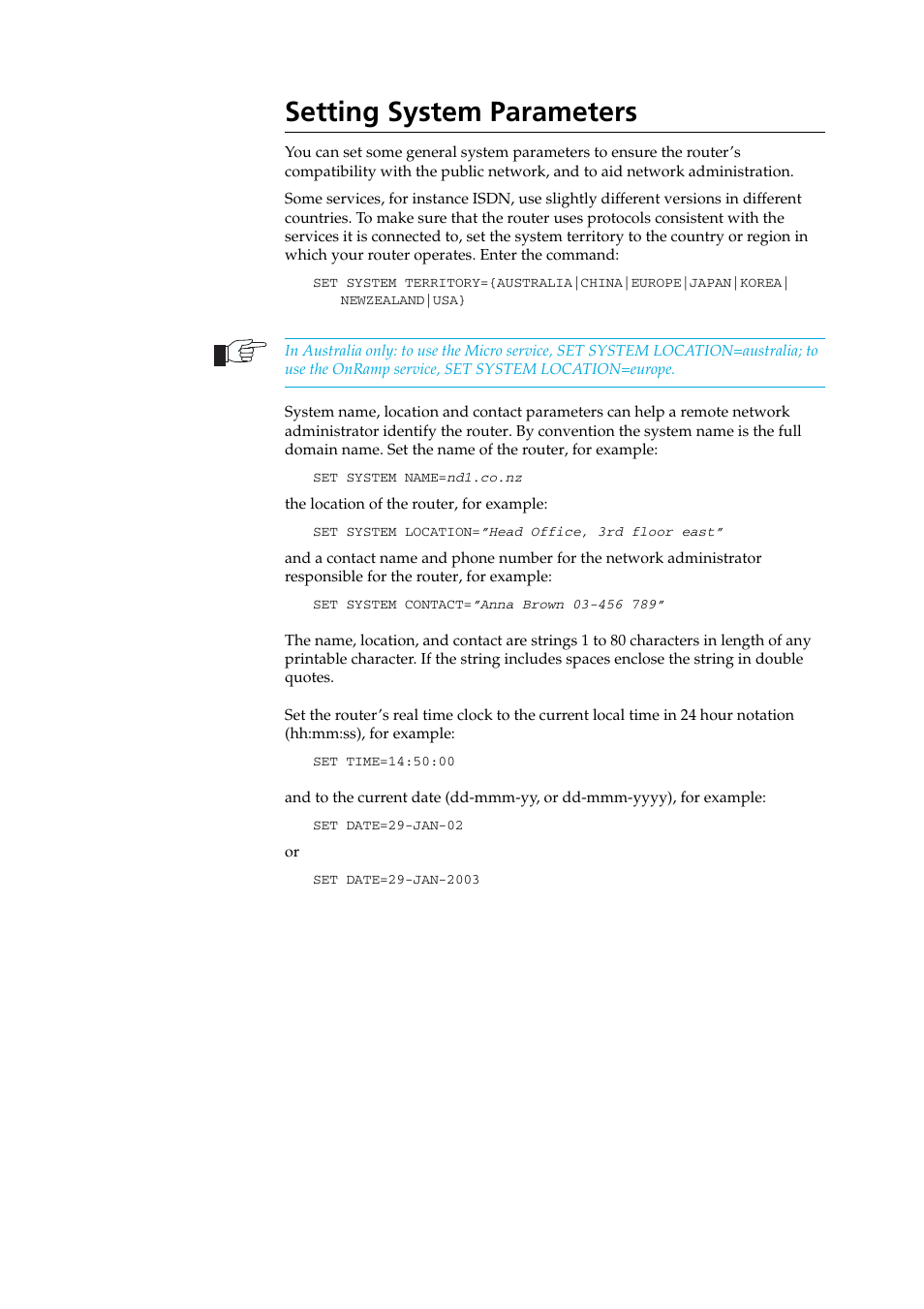 Setting system parameters | Allied Telesis AR400 Series Router User Manual | Page 21 / 131