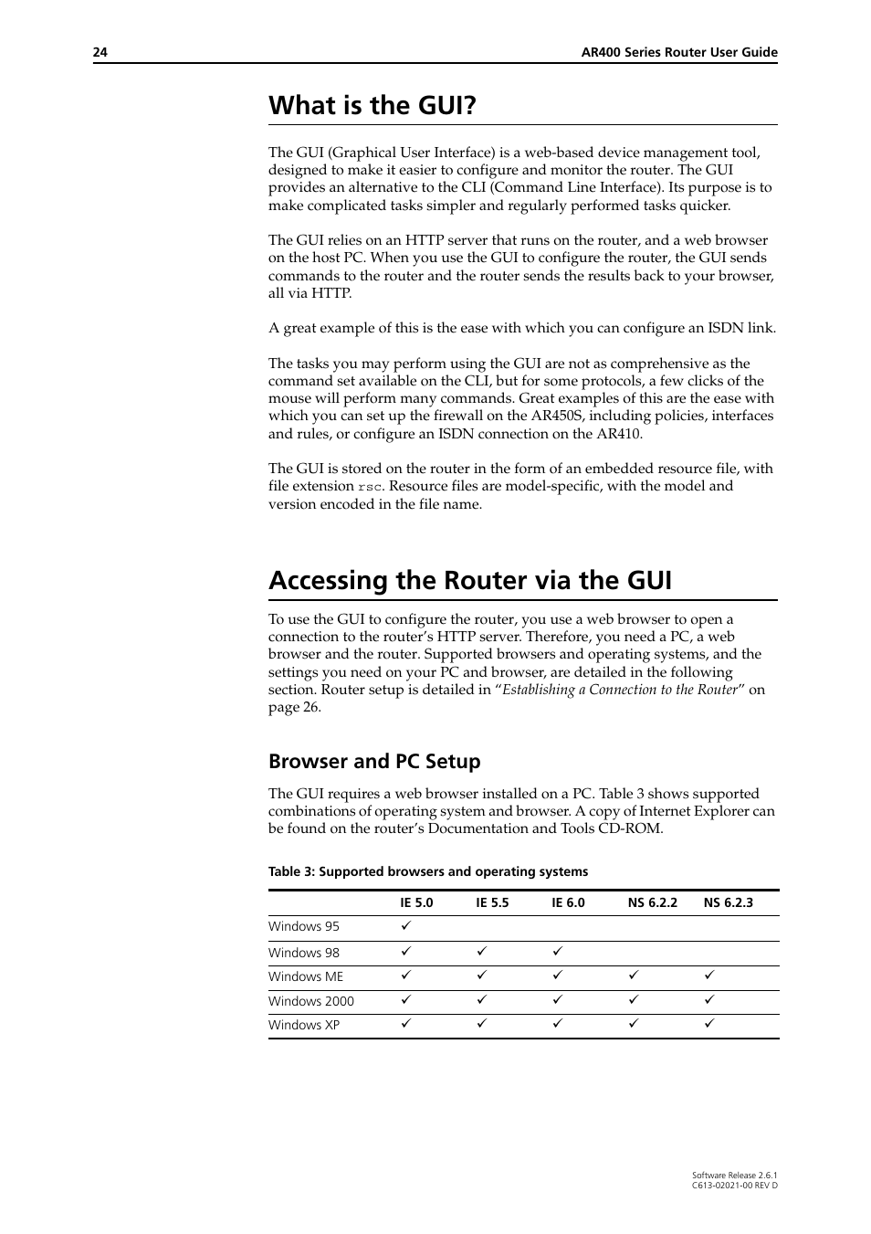 What is the gui, Accessing the router via the gui, What is the gui? accessing the router via the gui | Browser and pc setup | Allied Telesis AR400 Series Router User Manual | Page 24 / 131