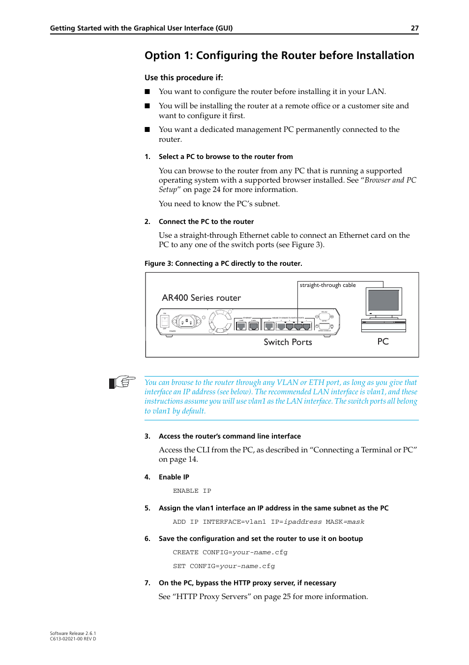 See “option 1: configuring, The router before, Pc ar400 series router switch ports | Use this procedure if | Allied Telesis AR400 Series Router User Manual | Page 27 / 131