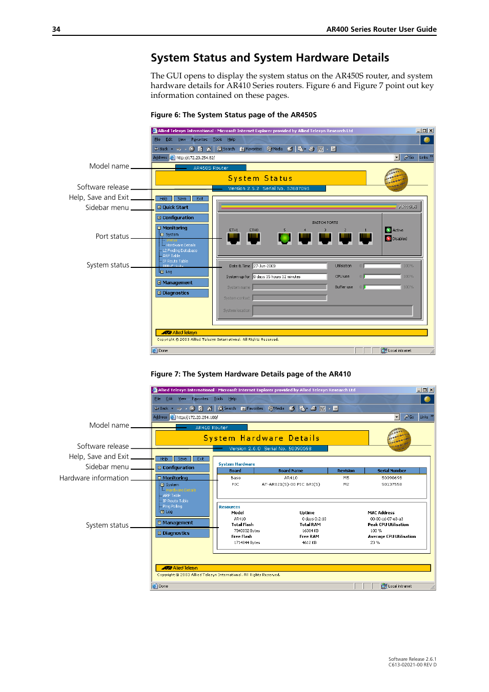 System status and system hardware details | Allied Telesis AR400 Series Router User Manual | Page 34 / 131