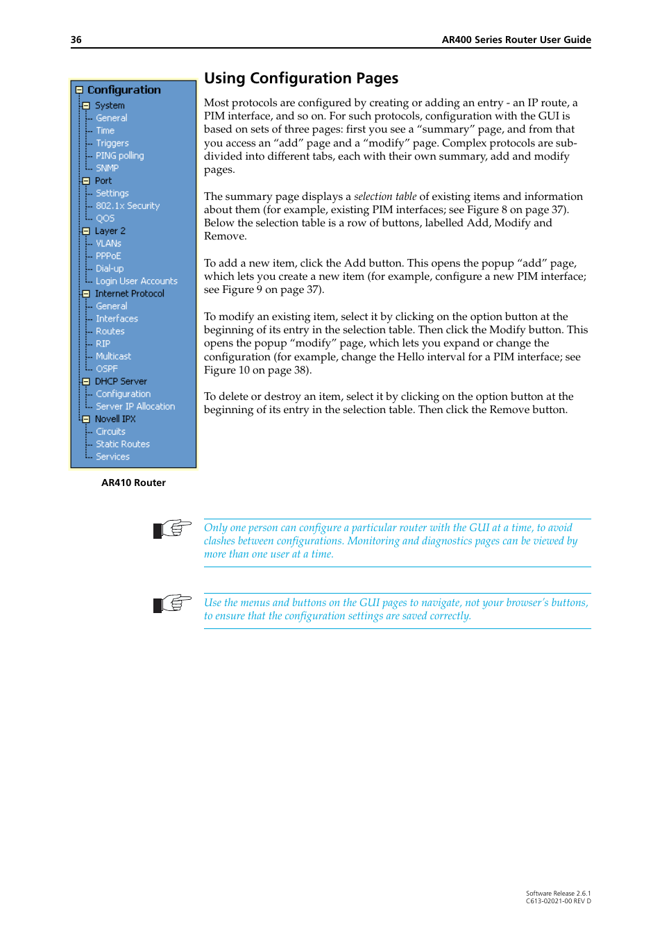 Using configuration pages | Allied Telesis AR400 Series Router User Manual | Page 36 / 131