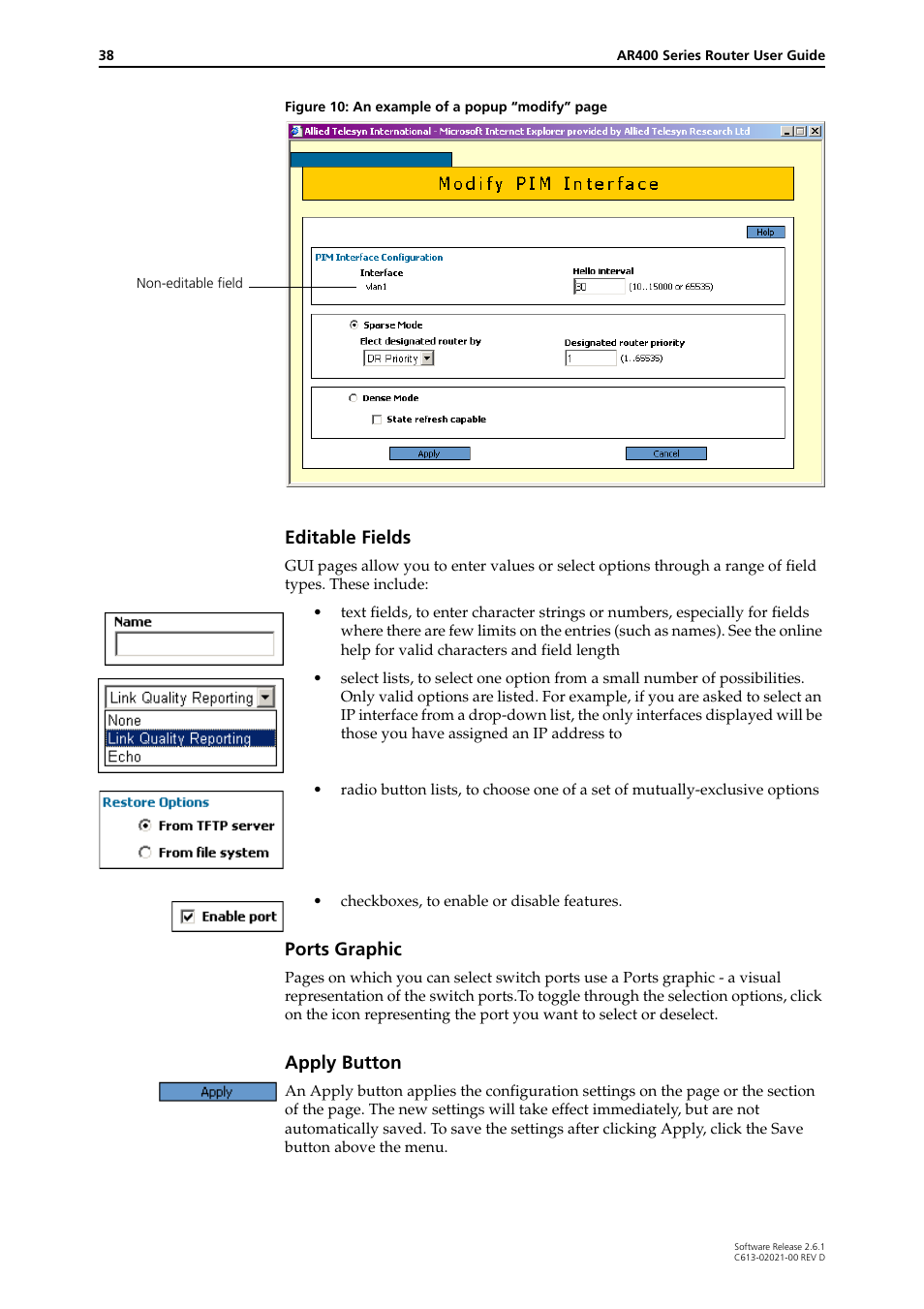 Editable fields, Ports graphic, Apply button | Allied Telesis AR400 Series Router User Manual | Page 38 / 131