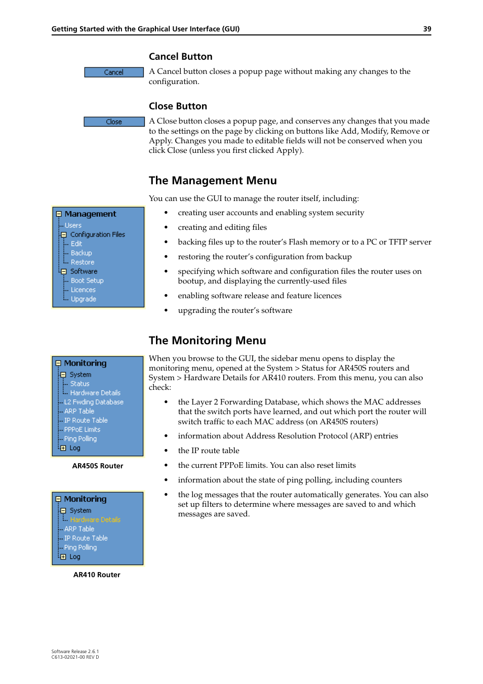 The management menu, The monitoring menu, Cancel button | Close button | Allied Telesis AR400 Series Router User Manual | Page 39 / 131