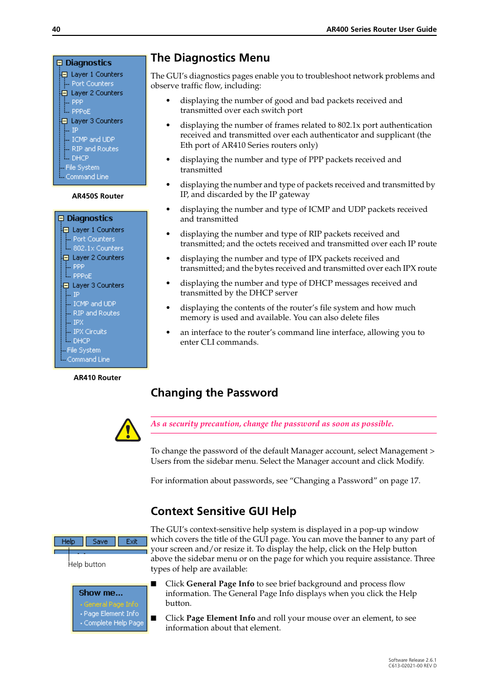 The diagnostics menu, Changing the password, Context sensitive gui help | Allied Telesis AR400 Series Router User Manual | Page 40 / 131