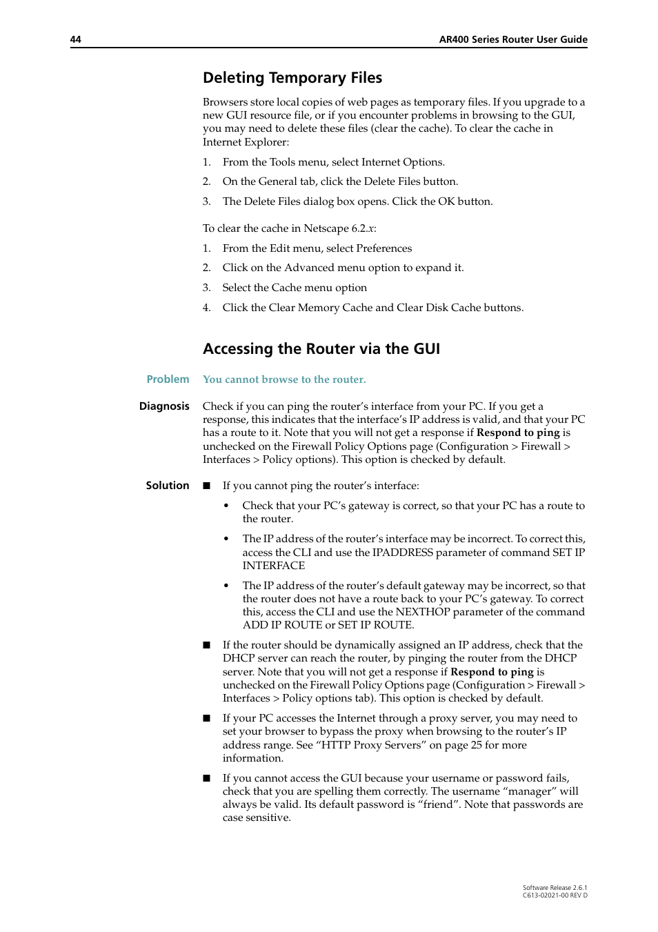 Deleting temporary files, Accessing the router via the gui | Allied Telesis AR400 Series Router User Manual | Page 44 / 131