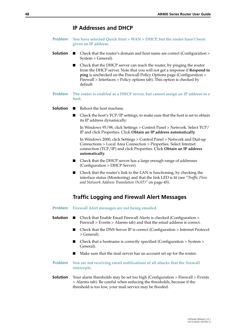 Ip addresses and dhcp, Traffic logging and firewall alert messages | Allied Telesis AR400 Series Router User Manual | Page 48 / 131