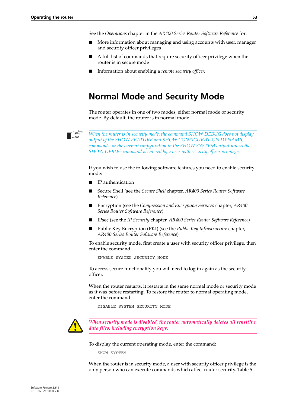 Normal mode and security mode | Allied Telesis AR400 Series Router User Manual | Page 53 / 131