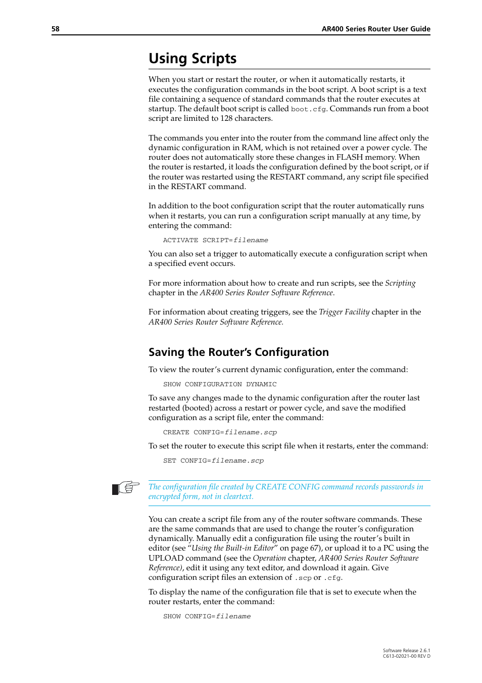 Using scripts, Saving the router’s configuration | Allied Telesis AR400 Series Router User Manual | Page 58 / 131