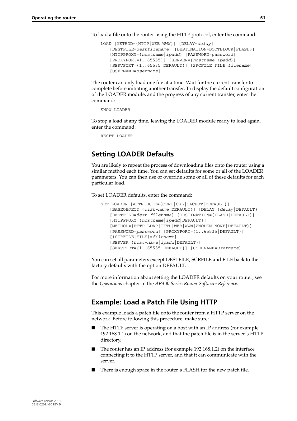 Setting loader defaults | Allied Telesis AR400 Series Router User Manual | Page 61 / 131