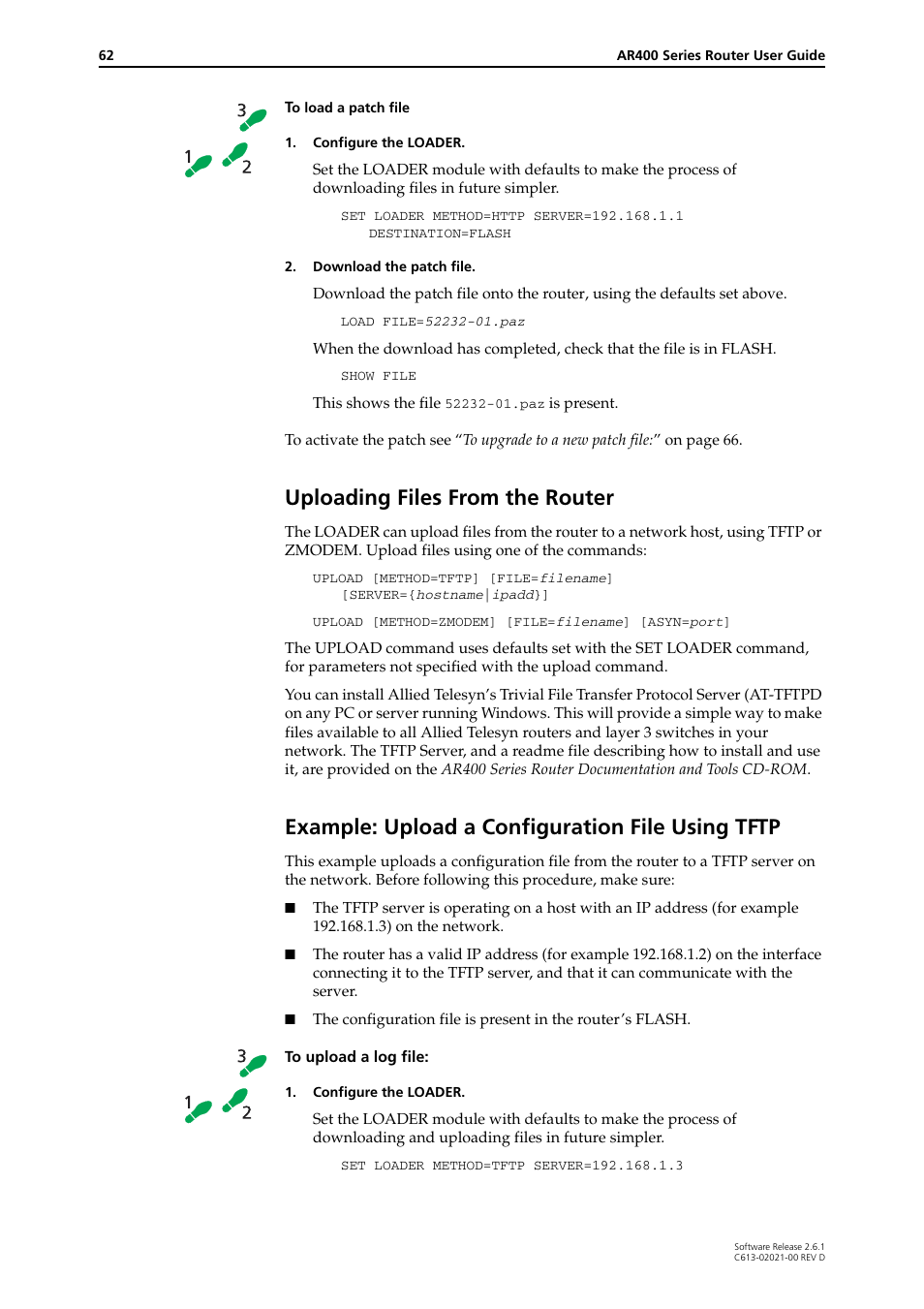 Uploading files from the router, Example: upload a configuration file using tftp | Allied Telesis AR400 Series Router User Manual | Page 62 / 131