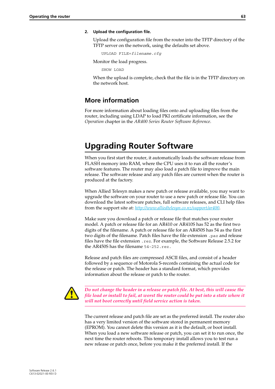 Upgrading router software, More information | Allied Telesis AR400 Series Router User Manual | Page 63 / 131