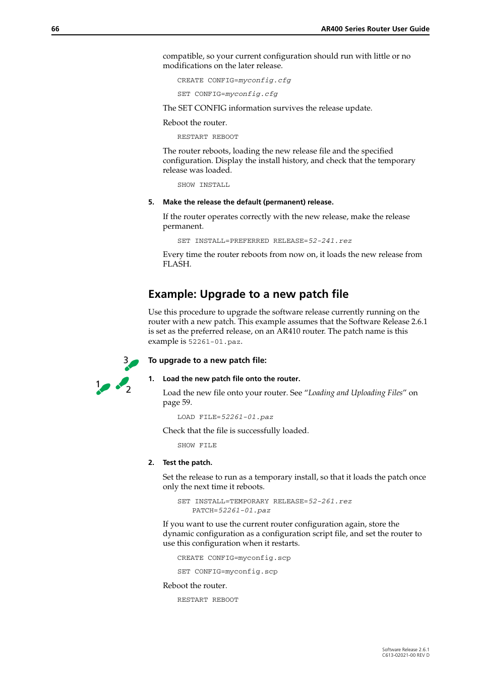 Example: upgrade to a new patch file | Allied Telesis AR400 Series Router User Manual | Page 66 / 131