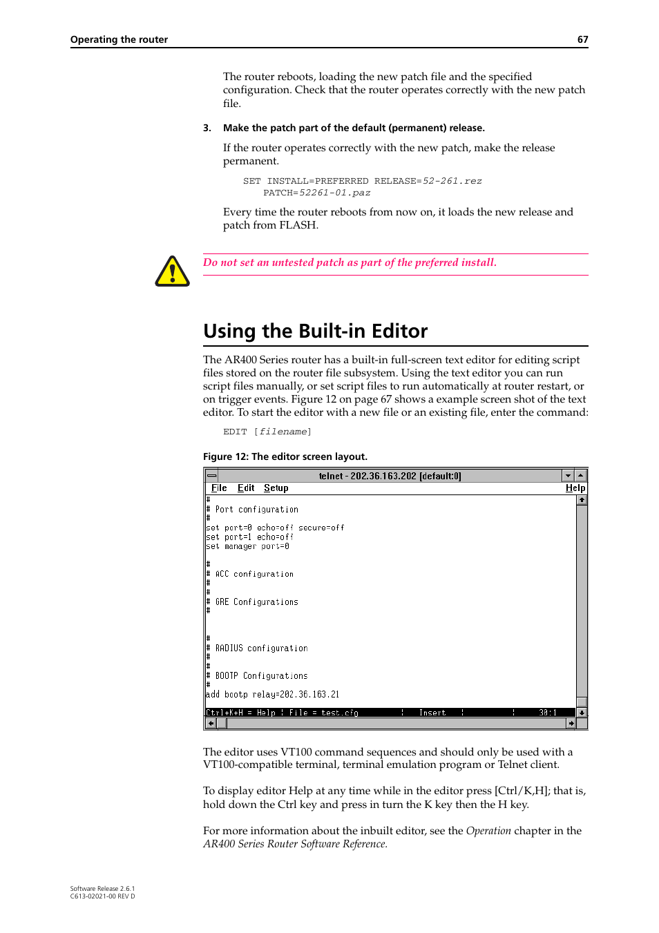 Using the built-in editor | Allied Telesis AR400 Series Router User Manual | Page 67 / 131