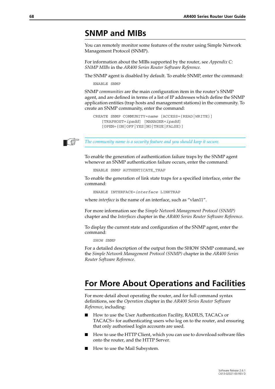 Snmp and mibs, For more about operations and facilities | Allied Telesis AR400 Series Router User Manual | Page 68 / 131