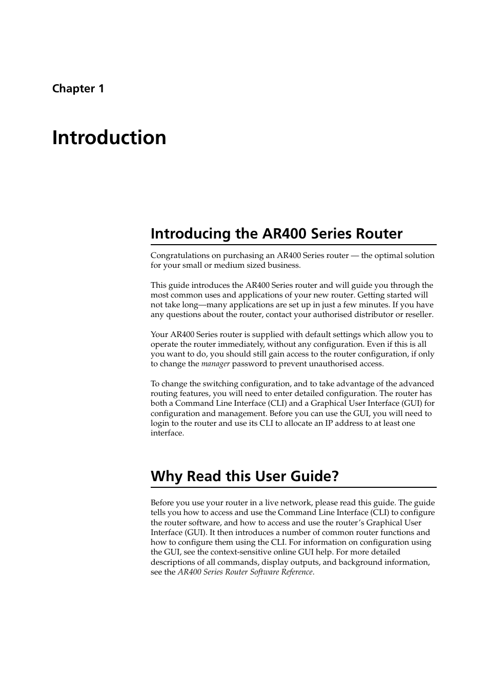 Introduction, Introducing the ar400 series router, Why read this user guide | Chapter 1 | Allied Telesis AR400 Series Router User Manual | Page 7 / 131
