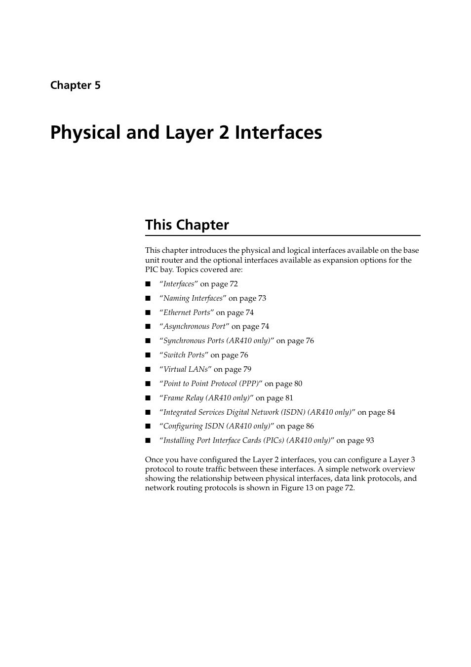 Physical and layer 2 interfaces, This chapter, Chapter 5 | Chapter 5, physical and layer 2 interfaces | Allied Telesis AR400 Series Router User Manual | Page 71 / 131
