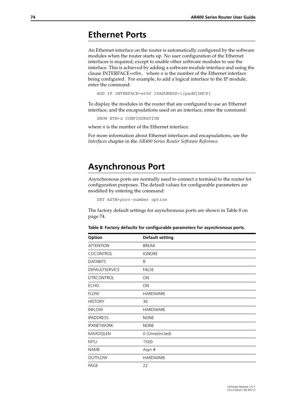 Ethernet ports, Asynchronous port, Ethernet ports asynchronous port | Allied Telesis AR400 Series Router User Manual | Page 74 / 131
